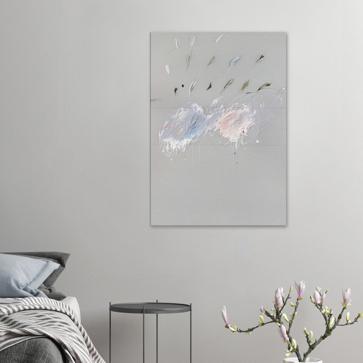 Nine Discourses on Commodus, Part VI by Cy Twombly, canvas print, soft gray background with delicate white brushstrokes, subtle blue