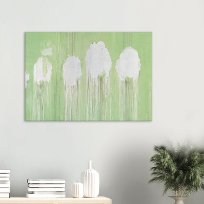Untitled (Peony Blossom Painting) by Cy Twombly canvas print: soft white, cloud-like blossom forms against a pale green background.