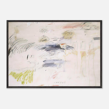 Untitled, Rome by Cy Twombly framed art print; featuring a warm ivory background layered with spontaneous black and charcoal lines, delicate pencil-like gestures.