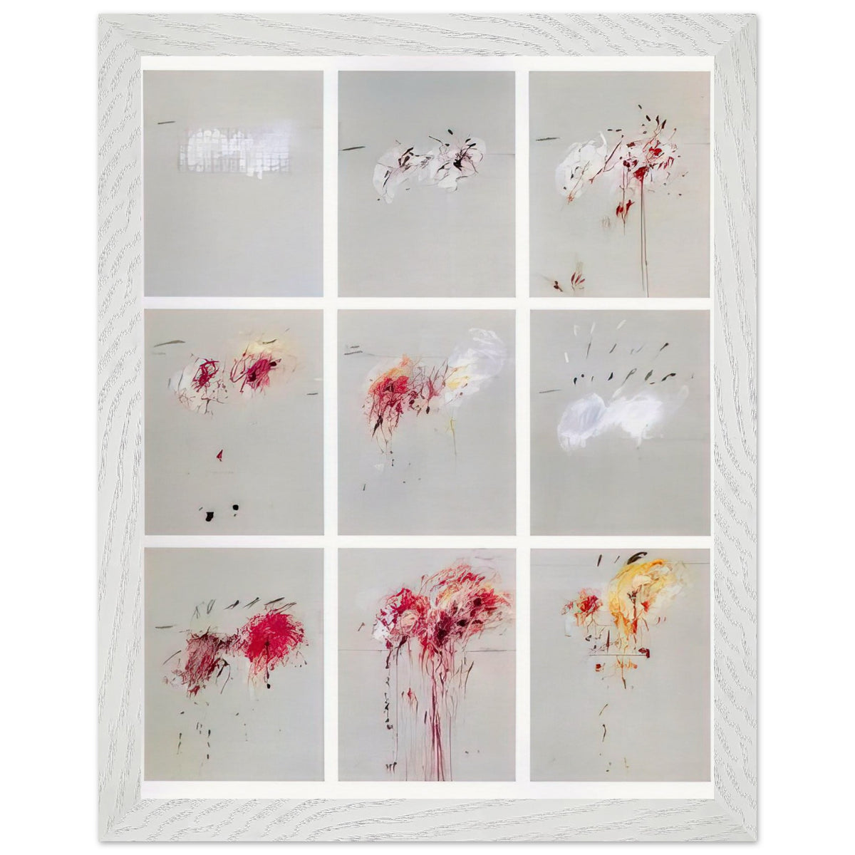 Nine Discourses on Commodus by Cy Twombly, framed art print, nine individual panels distinguished by muted gray backgrounds, 27x35 cm (11x14 in), wood frame
