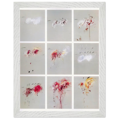 Nine Discourses on Commodus by Cy Twombly, framed art print, nine individual panels distinguished by muted gray backgrounds, 27x35 cm (11x14 in), wood frame