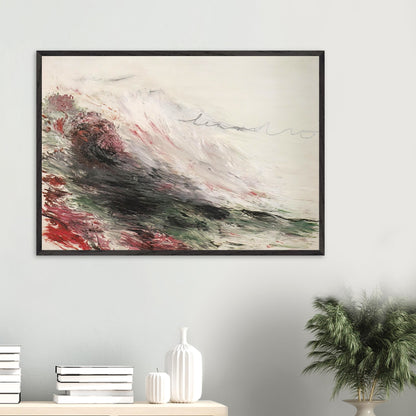 Hero and Leandro (A Painting in Four Parts) Part I by Cy Twombly framed art print; featuring sweeping white and pale gray brushstrokes, layered charcoal and black marks, subtle green tones.
