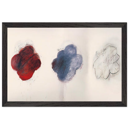 Fifty Days at Iliam: Shades of Achilles, Patroclus, and Hector by Cy Twombly framed art print; featuring three large, cloud-like forms arranged horizontally against a luminous ivory background; size 800 × 1200 mm (32 × 48 in); black frame.