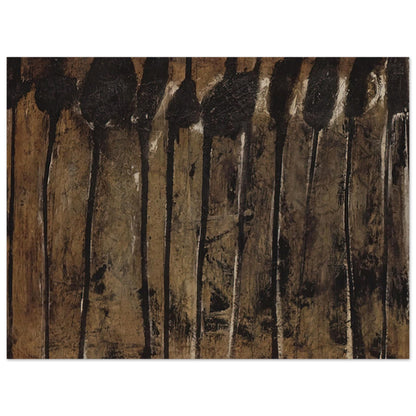 Solon I by Cy Twombly poster, 100 × 150 cm / 40 × 60 in: This atmospheric composition features elongated black and dark brown forms against a textured background….