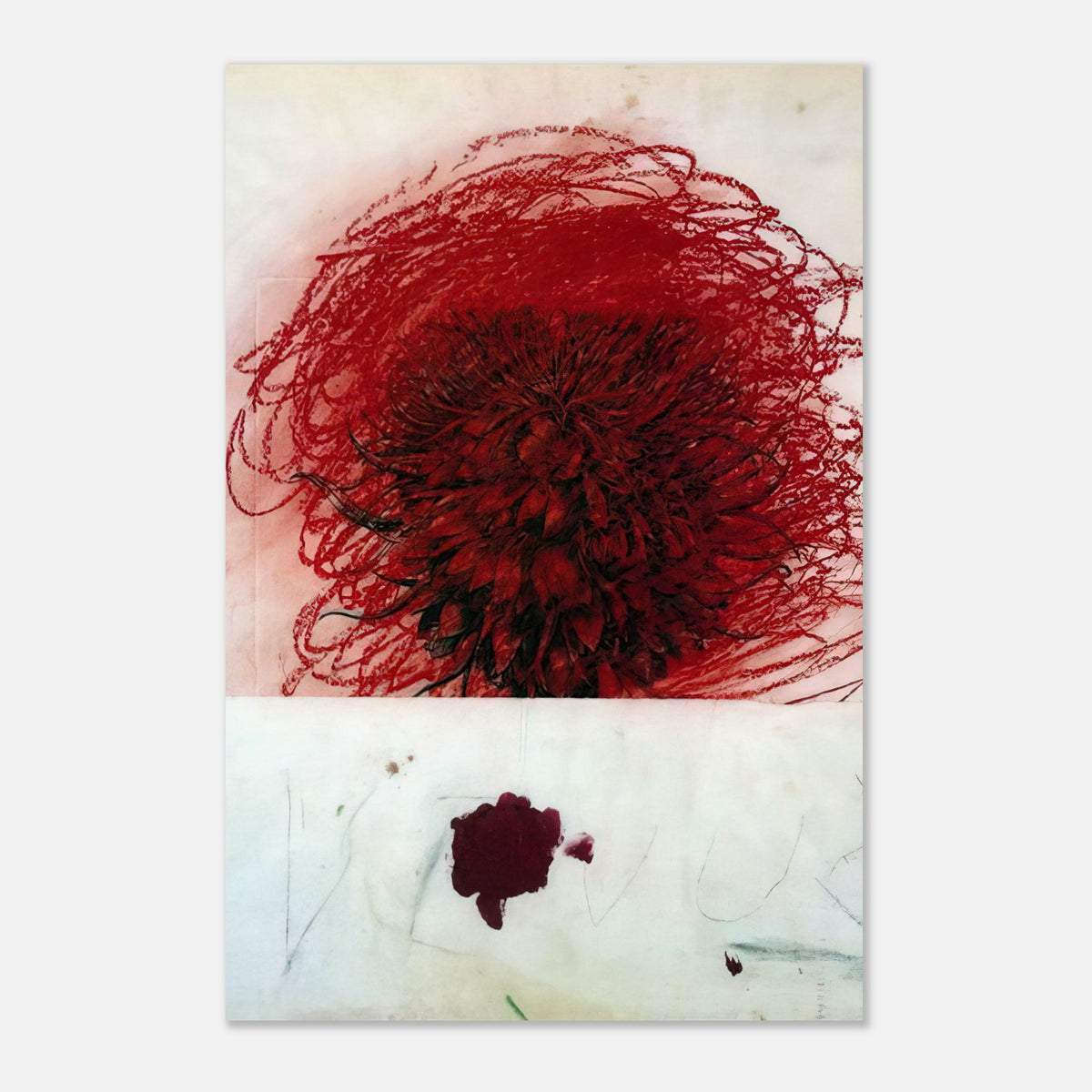 Pan II by Cy Twombly, poster, intense red composition with dense dark brushstrokes and swirling
