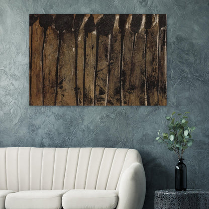 Solon I by Cy Twombly poster: This atmospheric composition features elongated black and dark brown forms against a textured background….