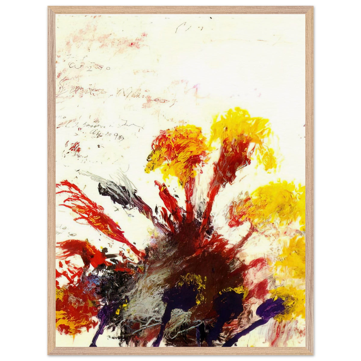 Summer Madness by Cy Twombly, framed art print, energetic red and crimson brushstrokes with bright yellow, orange, 50x70 cm (20x28 in), black frame