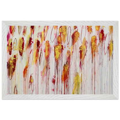 Lepanto, Part VIII by Cy Twombly framed art print; featuring vivid golden-yellow and orange brushstrokes, deep crimson and burgundy accents, delicate pink marks; size 800 × 1200 mm (32 × 48 in); black frame.