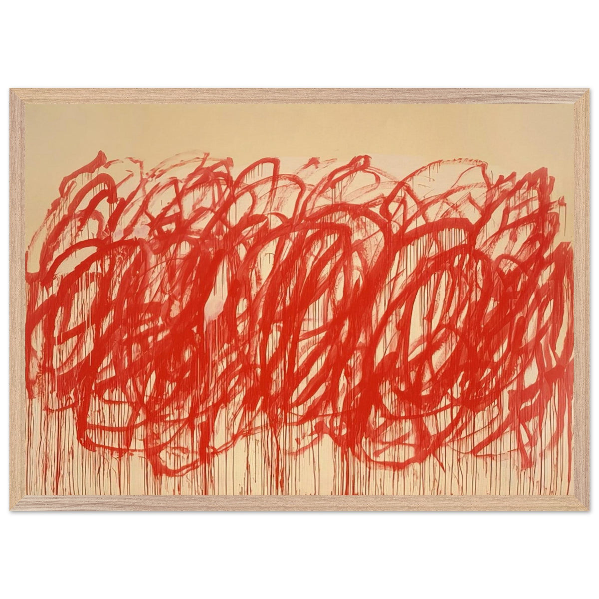 Untitled (Bacchus) by Cy Twombly framed art print; featuring sweeping vermilion-red brushstrokes, overlapping loops, energetic curves; size A1 (59.4 × 84.1 cm); white frame.