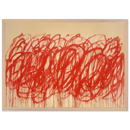 Untitled (Bacchus) by Cy Twombly framed art print; featuring sweeping vermilion-red brushstrokes, overlapping loops, energetic curves; size A1 (59.4 × 84.1 cm); white frame.