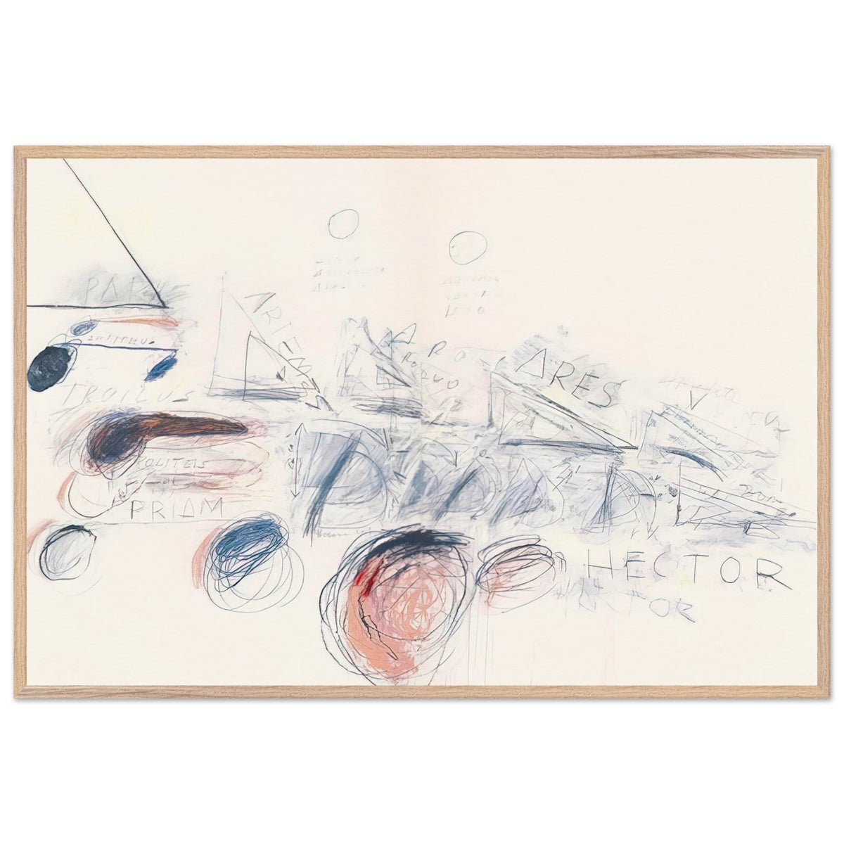 Fifty Days at Iliam: Ilians in Battle by Cy Twombly framed art print; featuring delicate blue-gray lines, energetic red marks, overlapping geometric shapes; size 50 × 70 cm (20 × 28 in); white frame.