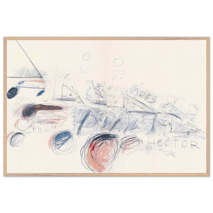 Fifty Days at Iliam: Ilians in Battle by Cy Twombly framed art print; featuring delicate blue-gray lines, energetic red marks, overlapping geometric shapes; size 50 × 70 cm (20 × 28 in); white frame.