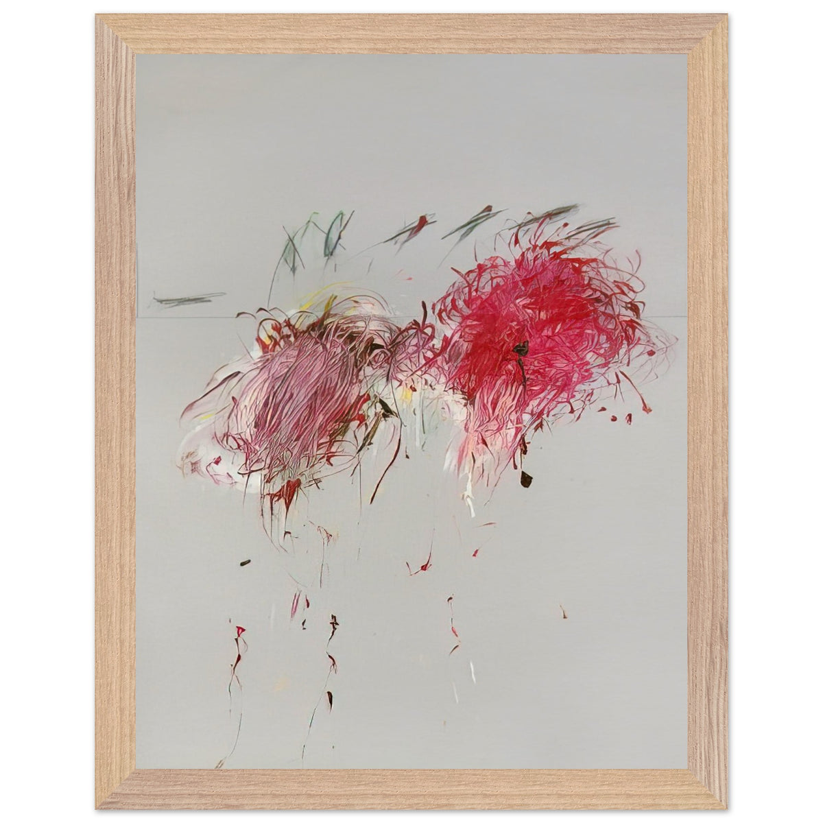 Nicola's Irises by Cy Twombly, framed art print, 50x70 cm / 20x28″, Wood frame; sweeping red and crimson brushstrokes, delicate pink accents, cool blue details