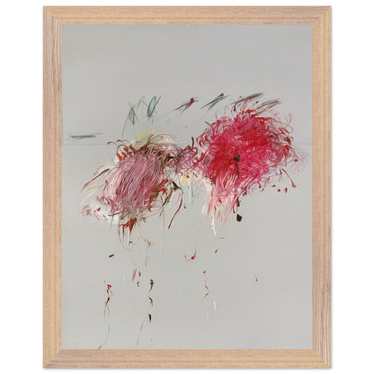 Nicola's Irises by Cy Twombly, framed art print, 50x70 cm / 20x28″, Wood frame; sweeping red and crimson brushstrokes, delicate pink accents, cool blue details
