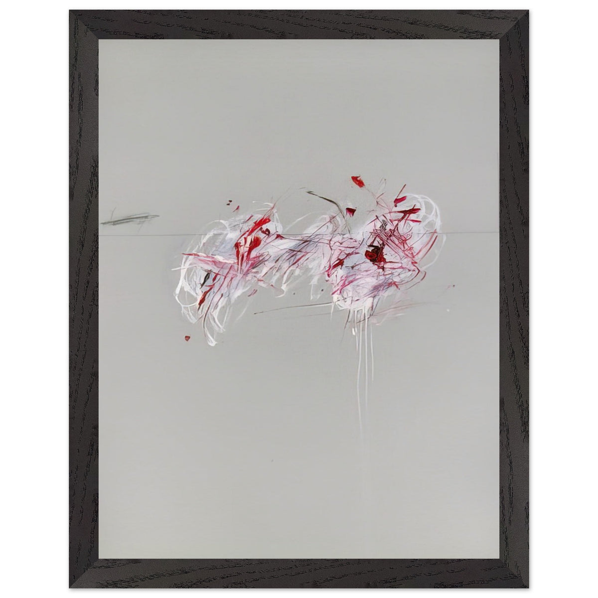 Nine Discourses on Commodus, Part II by Cy Twombly, framed art print, 50x70 cm / 20x28″, Black frame; a restrained gray background, expressive red and crimson forms