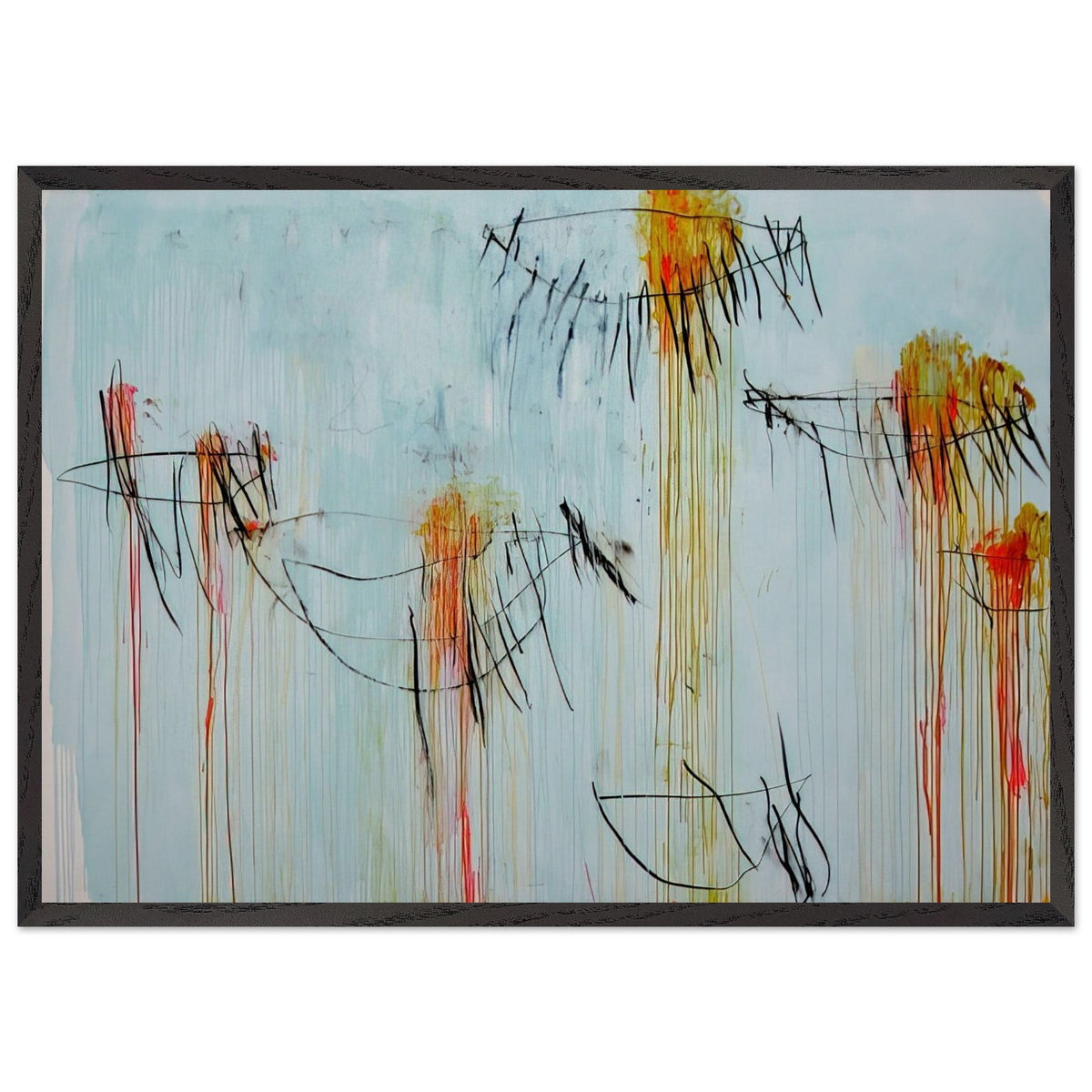 Lepanto, Part II by Cy Twombly framed art print; featuring a luminous turquoise-blue background, energetic black gestural lines, and vivid accents of yellow, orange; size 50 × 70 cm (20 × 28 in); white frame.