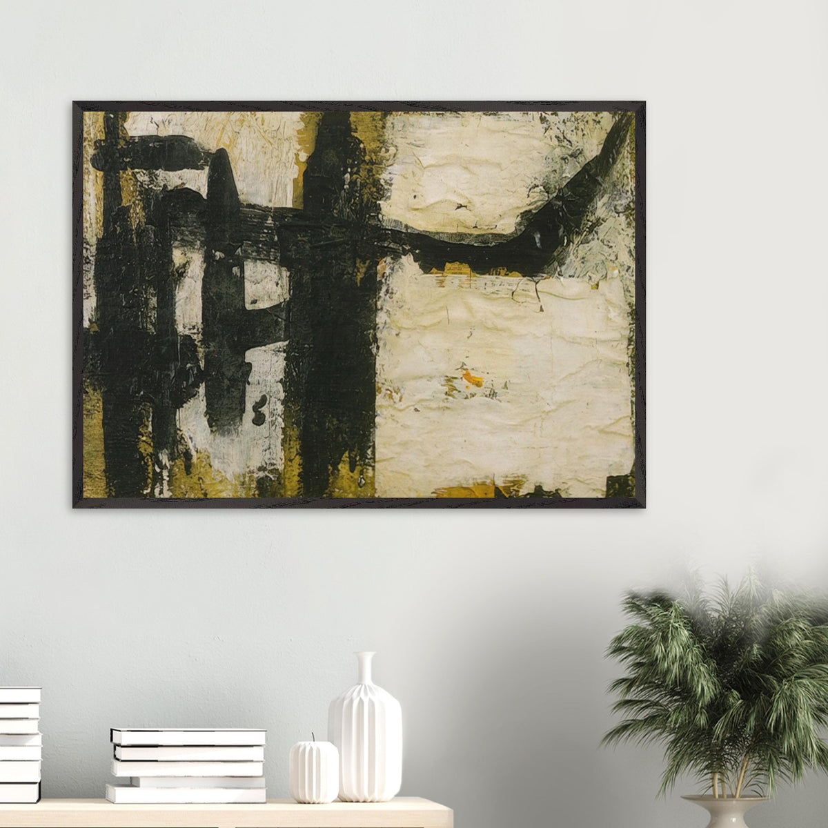 Landscape by Cy Twombly framed art print; featuring bold black and charcoal forms, textured ivory and cream surfaces, and subtle accents of ochre, olive green.
