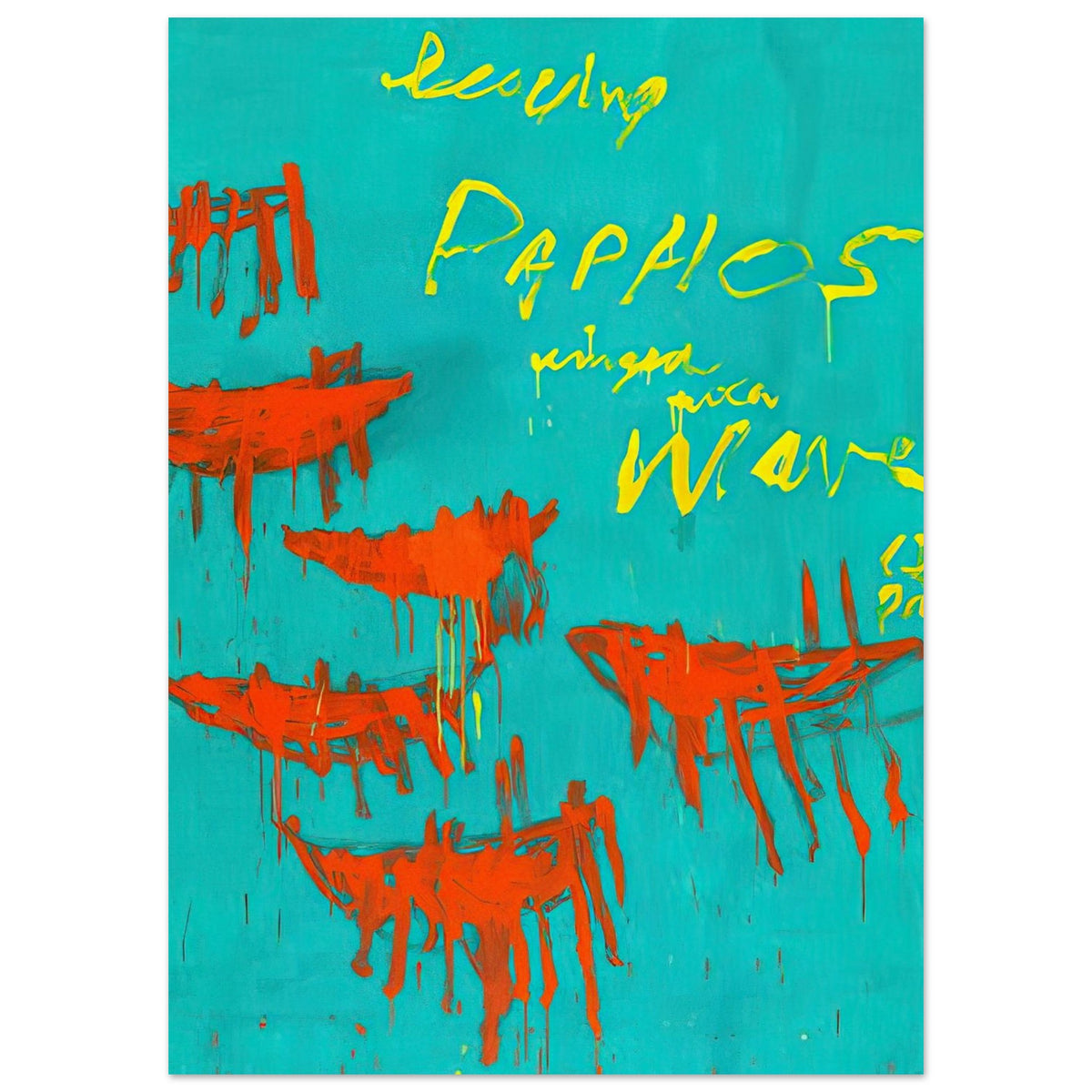 Leaving Paphos Ringed with Waves (III) by Cy Twombly, poster, 50x70 cm / 20x28″; a turquoise background with bold orange-red boat-like forms and spontaneous yellow handwritten lettering