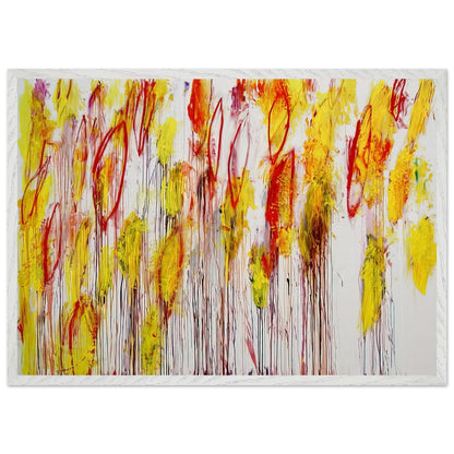 Lepanto, Part I by Cy Twombly framed art print; featuring vivid yellow and golden-orange brushstrokes, fiery red accents, delicate pink marks; size 30 × 45 cm (12 × 18 in); wood frame.