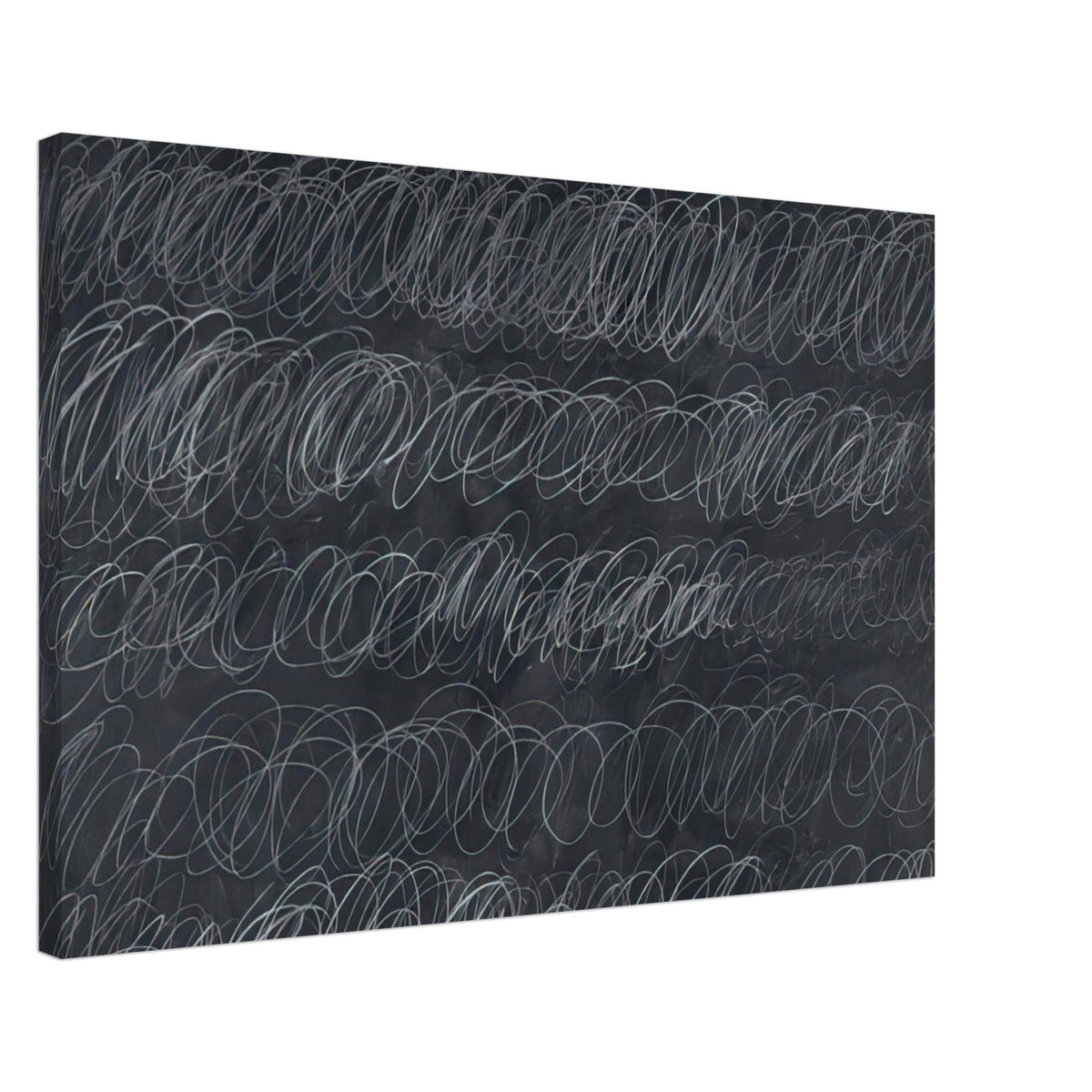 Cold Stream by Cy Twombly canvas print, 60 × 90 cm / 24 × 36 in: repeated rows of overlapping white and gray loops across a deep charcoal-gray background.