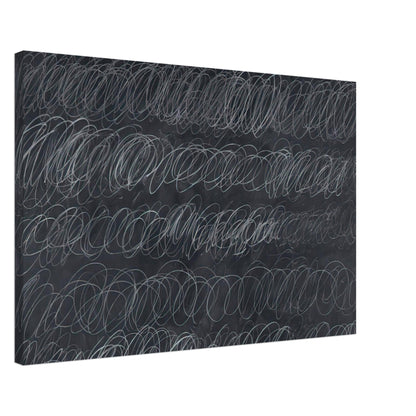 Cold Stream by Cy Twombly canvas print, 60 × 90 cm / 24 × 36 in: repeated rows of overlapping white and gray loops across a deep charcoal-gray background.
