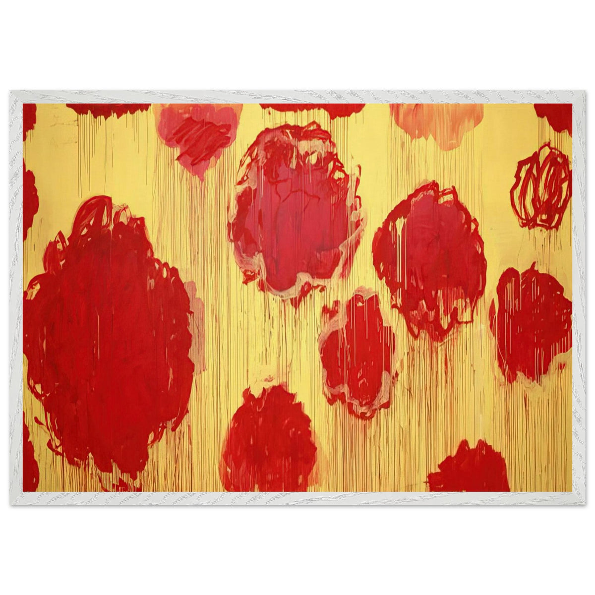 Untitled (Peonias Series) by Cy Twombly framed art print; featuring bold crimson-red and scarlet flower forms against a luminous golden-yellow background; size 30 × 45 cm (12 × 18 in); white frame.