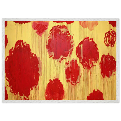 Untitled (Peonias Series) by Cy Twombly framed art print; featuring bold crimson-red and scarlet flower forms against a luminous golden-yellow background; size 30 × 45 cm (12 × 18 in); white frame.