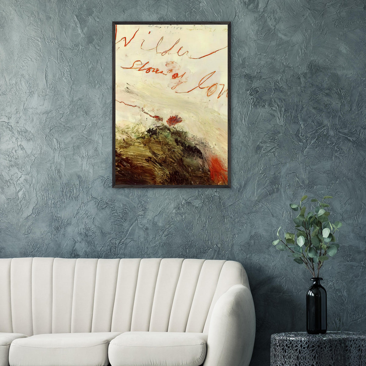 Wilder Shores of Love by Cy Twombly, framed art print, sweeping red and orange handwritten marks, subtle pencil lines