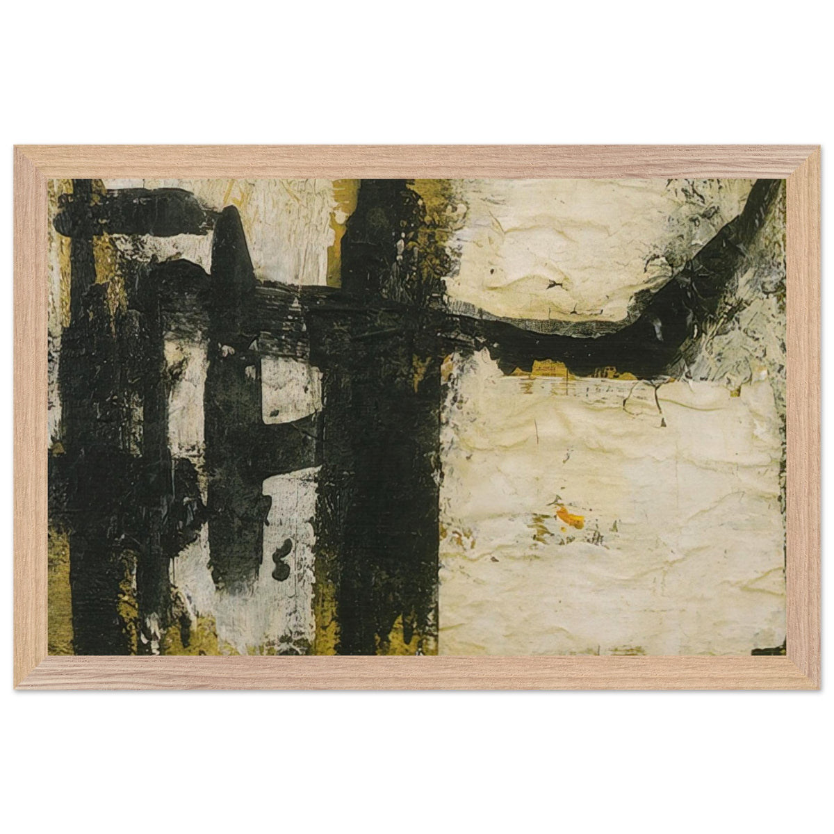 Landscape by Cy Twombly framed art print; featuring bold black and charcoal forms, textured ivory and cream surfaces, and subtle accents of ochre, olive green; size 30 × 45 cm (12 × 18 in); black frame.