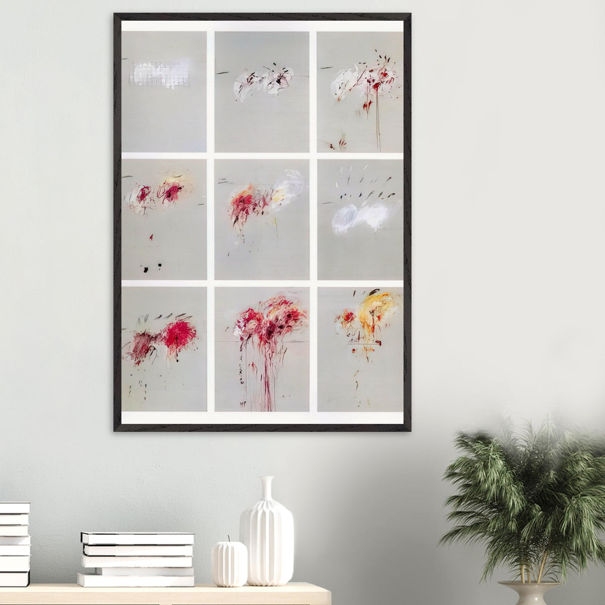 Nine Discourses on Commodus by Cy Twombly, framed art print, nine individual panels distinguished by muted gray backgrounds