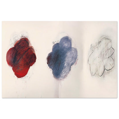 Fifty Days at Iliam: Shades of Achilles, Patroclus, and Hector by Cy Twombly poster, A3 (29.7 × 42 cm): three cloud-like forms arranged across a pale background: a rich red shape on the left….