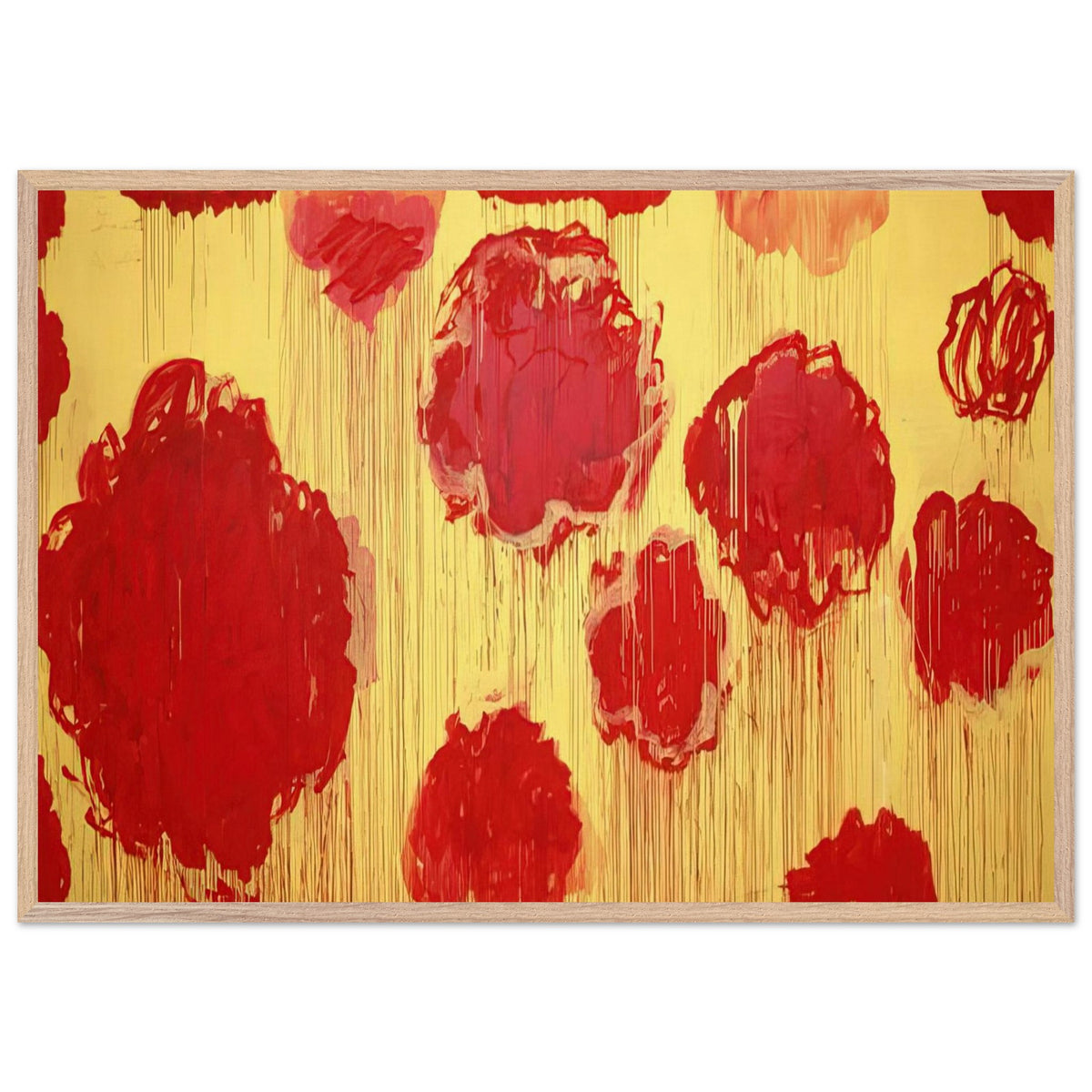 Untitled (Peonias Series) by Cy Twombly framed art print; featuring bold crimson-red and scarlet flower forms against a luminous golden-yellow background; size 70 × 100 cm (28 × 40 in); black frame.