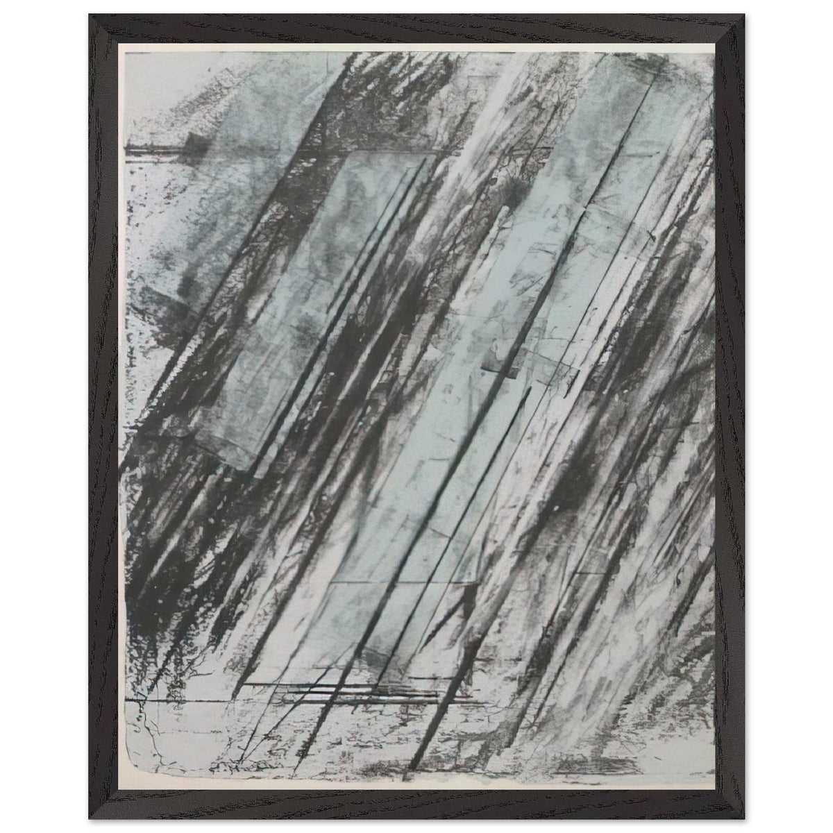 Untitled (Bastian 38) by Cy Twombly, framed art print, powerful diagonal strokes, layered black and gray marks, 70x100 cm (28x40 in), black frame