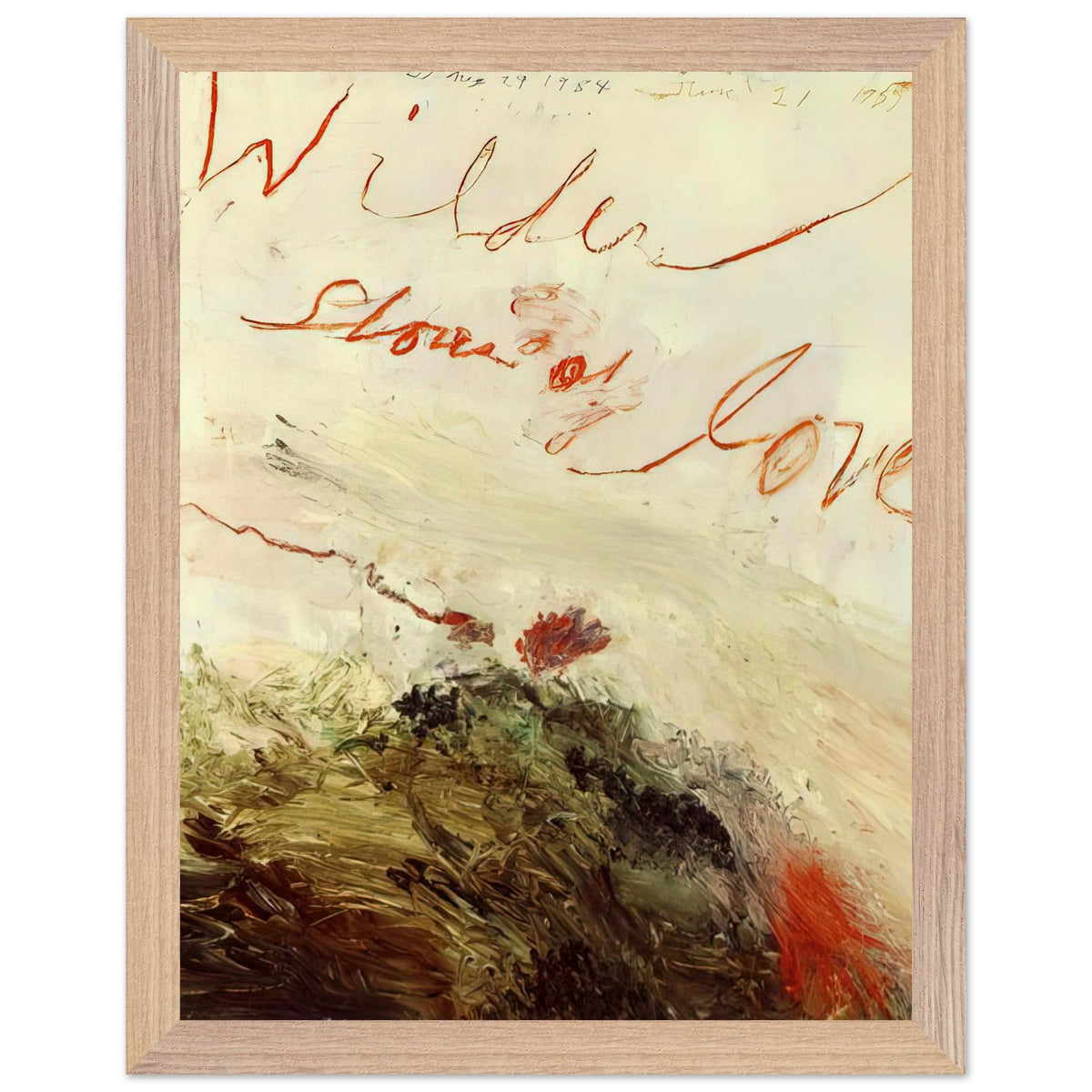 Wilder Shores of Love by Cy Twombly, framed art print, sweeping red and orange handwritten marks, subtle pencil lines, 70x100 cm (28x40 in), wood frame