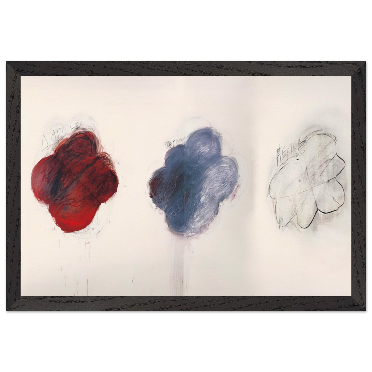 Fifty Days at Iliam: Shades of Achilles, Patroclus, and Hector by Cy Twombly framed art print; featuring three large, cloud-like forms arranged horizontally against a luminous ivory background; size 60 × 90 cm (24 × 36 in); wood frame.