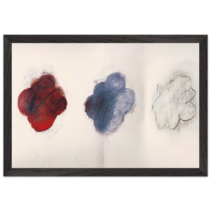 Fifty Days at Iliam: Shades of Achilles, Patroclus, and Hector by Cy Twombly framed art print; featuring three large, cloud-like forms arranged horizontally against a luminous ivory background; size 60 × 90 cm (24 × 36 in); wood frame.