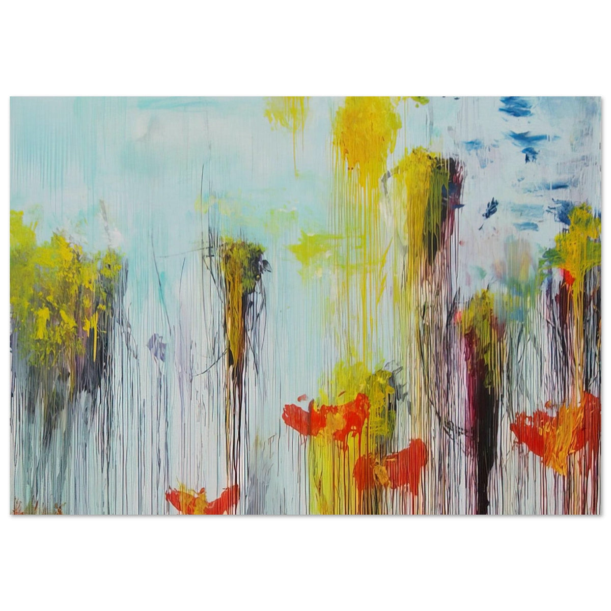 Lepanto, Part VII by Cy Twombly poster, 75 × 100 cm / 30 × 40 in: This expressive composition features a luminous pale blue background layered with vivid yellow….