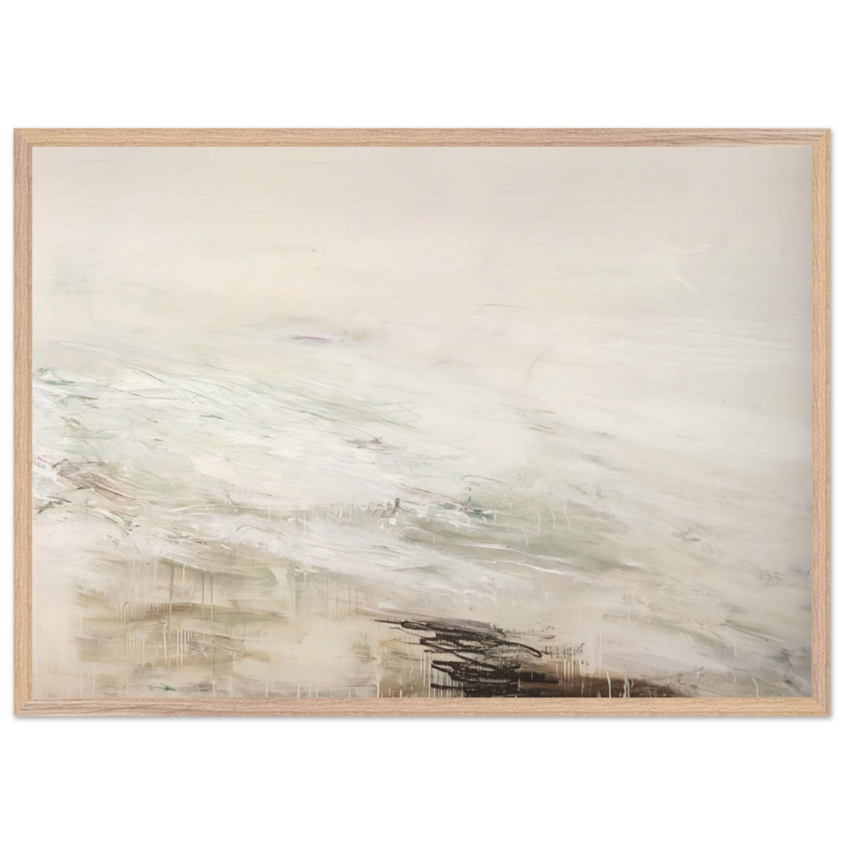 Hero and Leandro (A Painting in Four Parts) Part II by Cy Twombly framed art print; featuring expansive white and ivory tones, delicate gray marks, subtle beige and pale green hues; size 800 × 1200 mm (32 × 48 in); black frame.