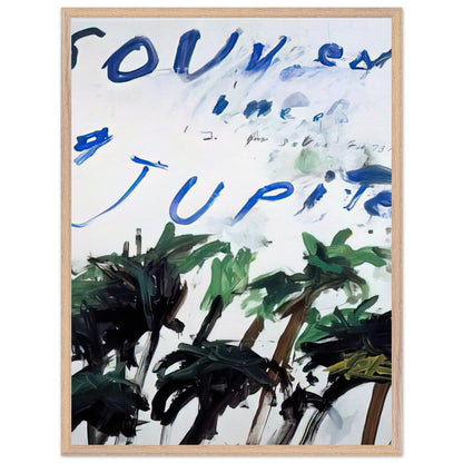 Souvenir of Jupiter by Cy Twombly, framed art print, handwritten lettering, gestural abstraction, 27x35 cm (11x14 in), wood frame
