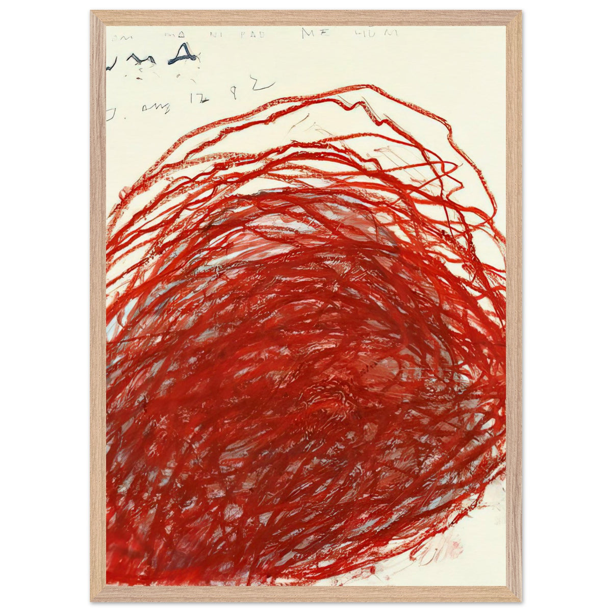 Suma by Cy Twombly, framed art print, sweeping red and crimson lines that overlap and curve across a warm, 27x35 cm (11x14 in), wood frame