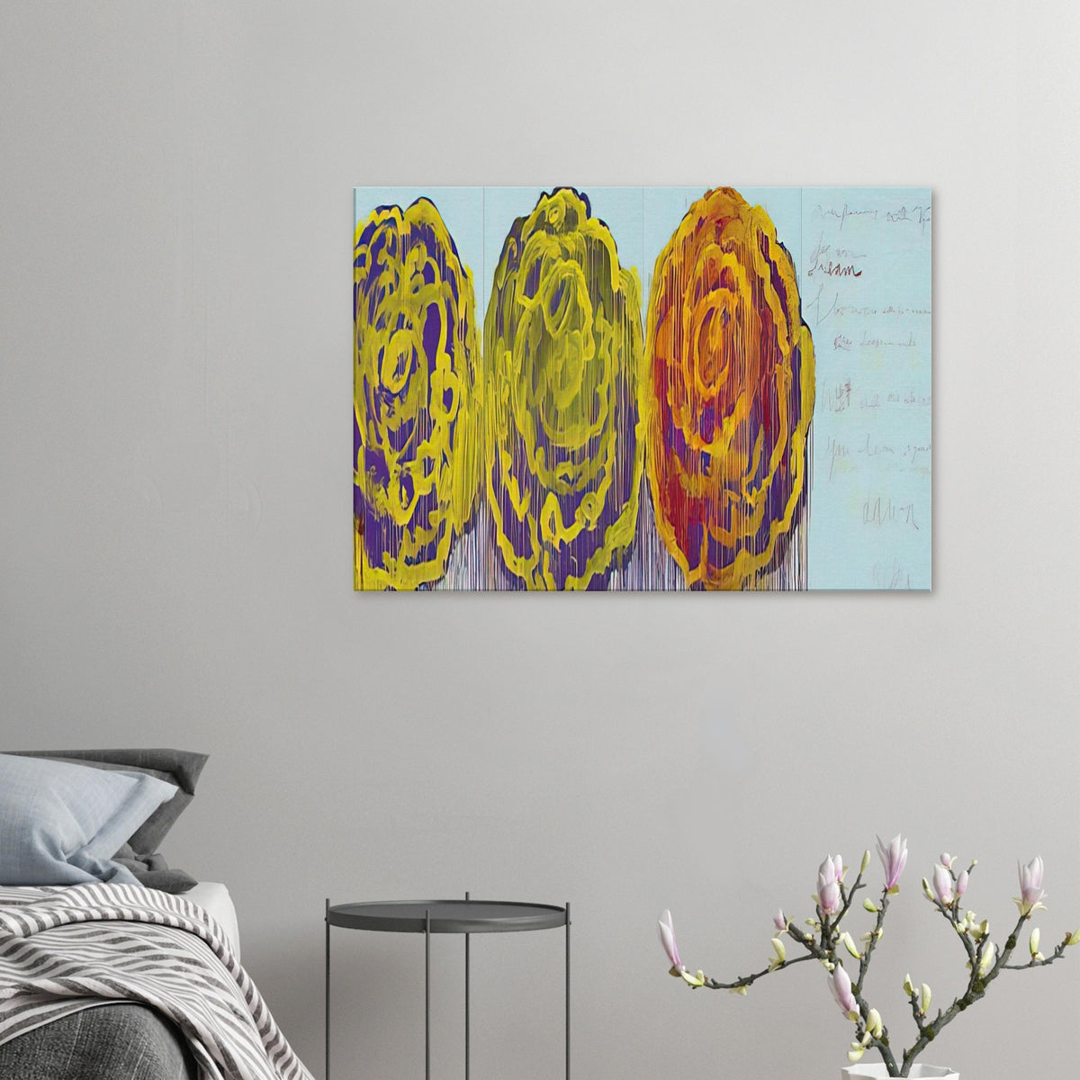The Rose (III) by Cy Twombly canvas print: This striking composition features three large, rose-inspired forms in vivid yellow, orange, green….