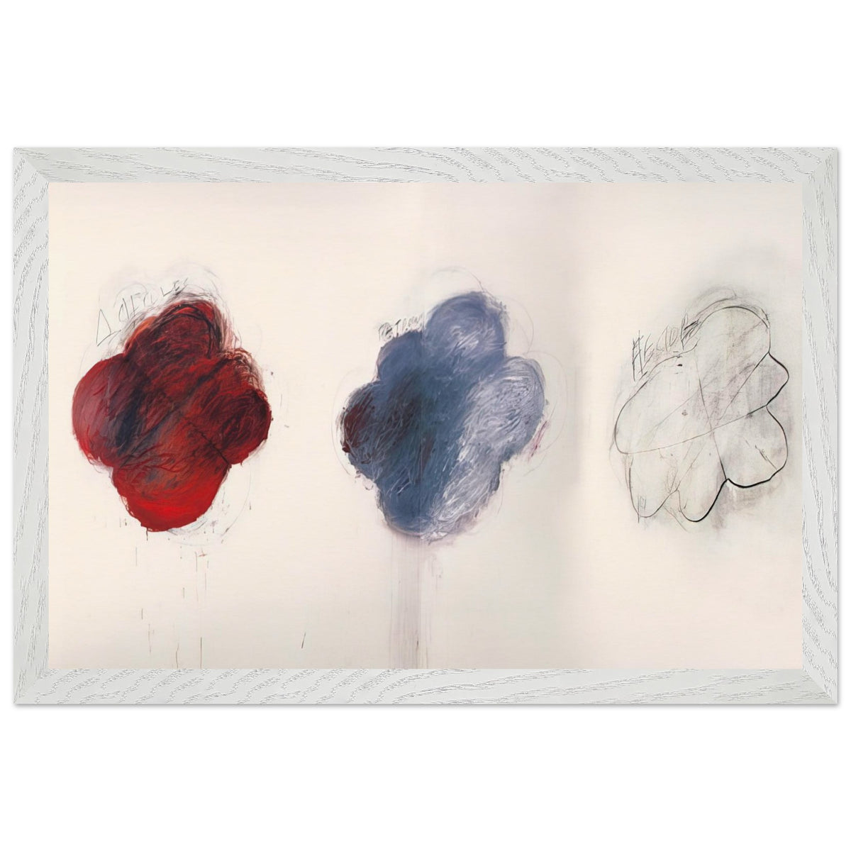 Fifty Days at Iliam: Shades of Achilles, Patroclus, and Hector by Cy Twombly framed art print; featuring three large, cloud-like forms arranged horizontally against a luminous ivory background; size 30 × 45 cm (12 × 18 in); white frame.