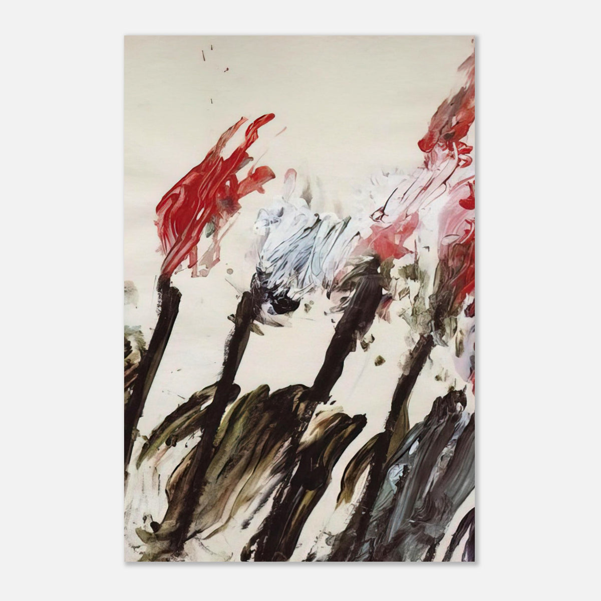 Nicola's Irises by Cy Twombly, poster; sweeping red and crimson brushstrokes, delicate pink accents, cool blue details, and dark gestural lines against a pale background