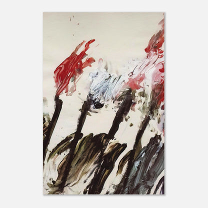 Nicola's Irises by Cy Twombly, poster; sweeping red and crimson brushstrokes, delicate pink accents, cool blue details, and dark gestural lines against a pale background