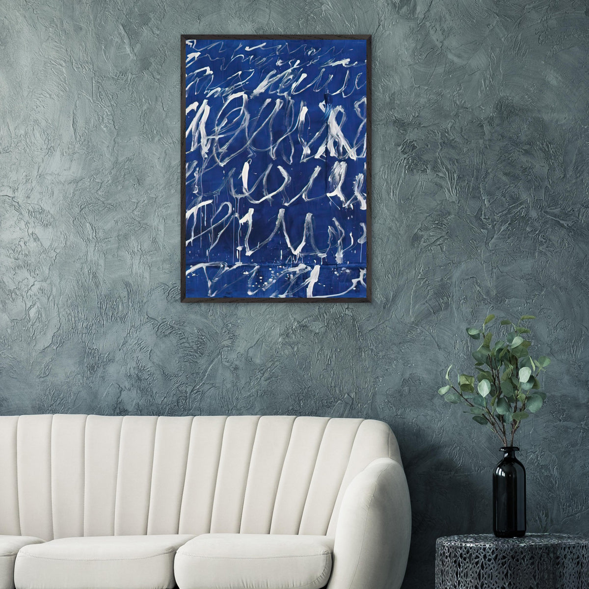 Untitled by Cy Twombly, framed art print, deep blue ground covered with energetic white brushstrokes, looping