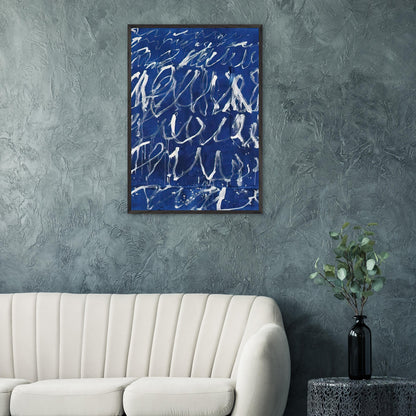 Untitled by Cy Twombly, framed art print, deep blue ground covered with energetic white brushstrokes, looping