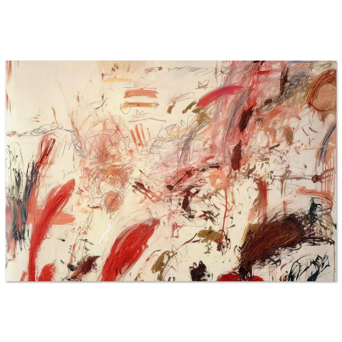 Ferragosto IV by Cy Twombly poster, 75 × 100 cm / 30 × 40 in: This expressive composition features a warm cream background layered with energetic red, pink, orange….