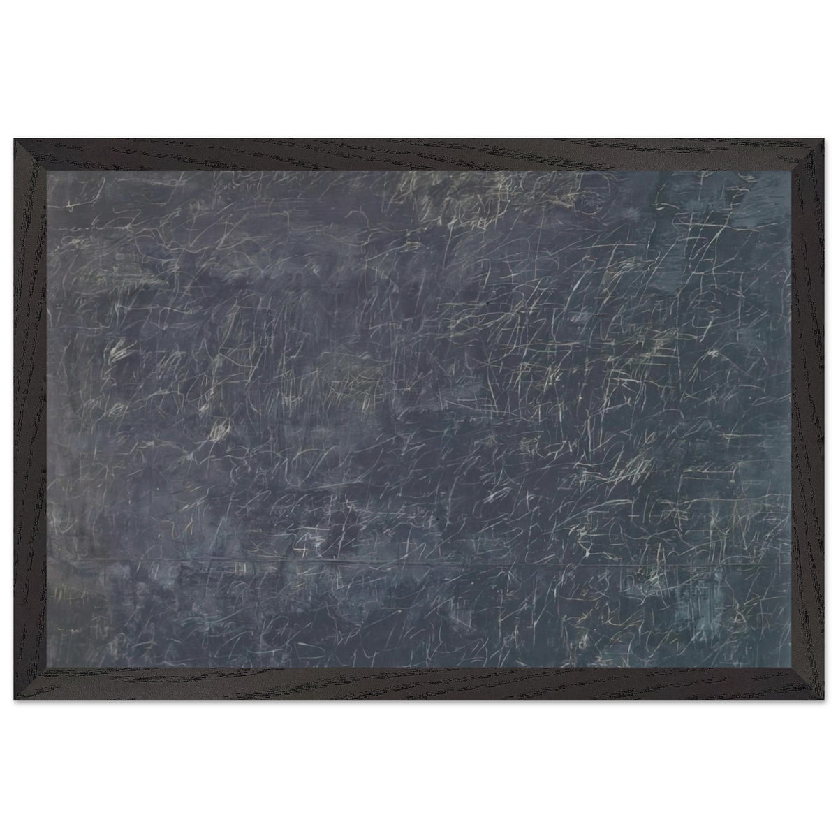 Panorama by Cy Twombly framed art print; featuring a deep charcoal-gray background covered with intricate white and pale-gray scribbles, intersecting lines; size 50 × 70 cm (20 × 28 in); black frame.