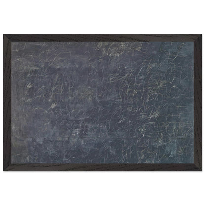 Panorama by Cy Twombly framed art print; featuring a deep charcoal-gray background covered with intricate white and pale-gray scribbles, intersecting lines; size 50 × 70 cm (20 × 28 in); black frame.