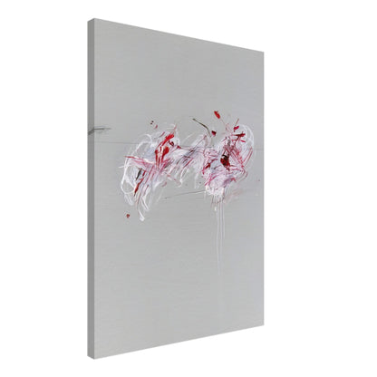Nine Discourses on Commodus, Part II by Cy Twombly, canvas print, 50x70 cm / 20x28″; a restrained gray background, expressive red and crimson forms, delicate white brushstrokes